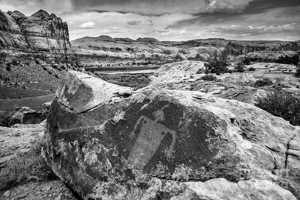 Moab Poster featuring the photograph Moab Maiden Petroglyph - Black and White - Utah by Gary Whitton