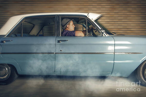 Car Poster featuring the photograph Mobster man from 1950 driving getaway car by Jorgo Photography