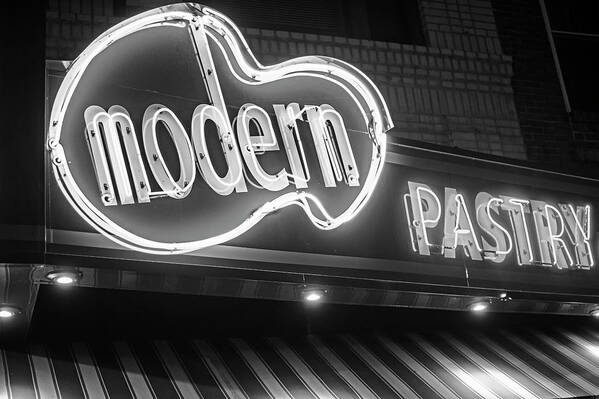 Modern Poster featuring the photograph Modern Pastry Shop Boston MA North End Hanover Street Neon Sign Black and White by Toby McGuire