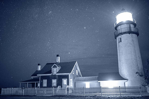 Truro Poster featuring the photograph Monochrome Blue Nights Highland Light Truro Massachusetts Cape Cod Starry Sky by Toby McGuire