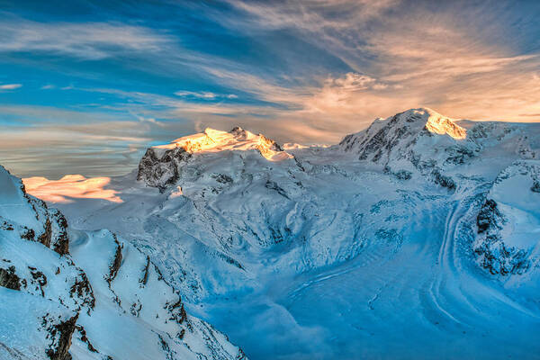 Brenda Jacobs Fine Art Poster featuring the photograph Monte Rosa and Liksam Mountains with Glaciers by Brenda Jacobs