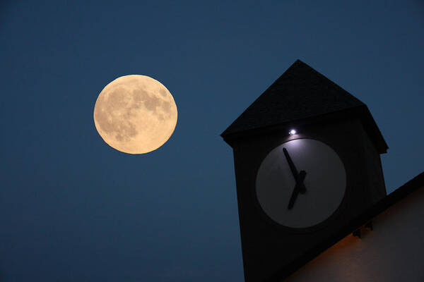 Moon Poster featuring the photograph Moon and Clock Tower by Pat Moore