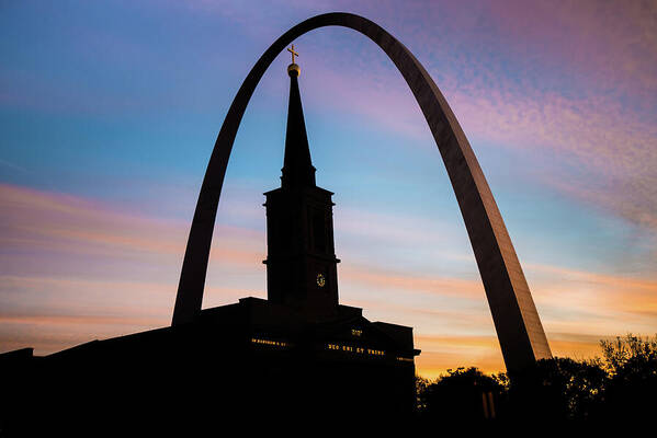 America Poster featuring the photograph Morning Silhouettes - St. Louis Gateway Arch and the Old Cathedral at Sunrise by Gregory Ballos