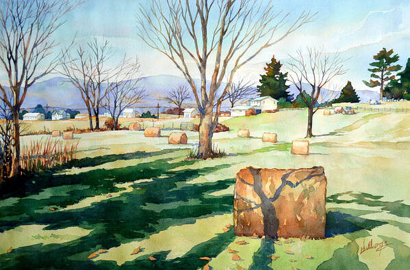 Watercolor Poster featuring the painting Morning Sun on Haybales by Mick Williams
