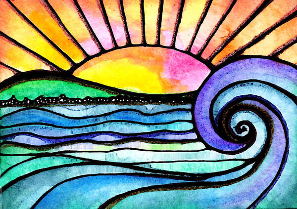 Sun Sunset Ocean Waves Beach Surf Water Sea Seascape Poster featuring the painting My Horizon by Robin Mead