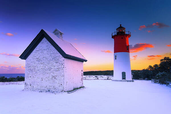 Usa Poster featuring the photograph Nauset Lighthouse Sunset, First Snow by Darius Aniunas