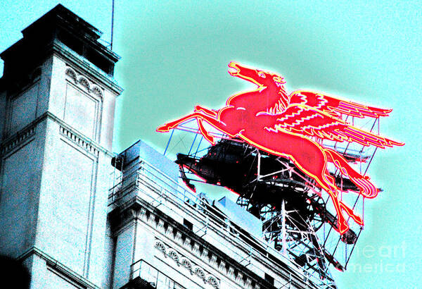Mobil Poster featuring the photograph Neon Pegasus atop Magnolia Building in Dallas Texas by Shawn O'Brien
