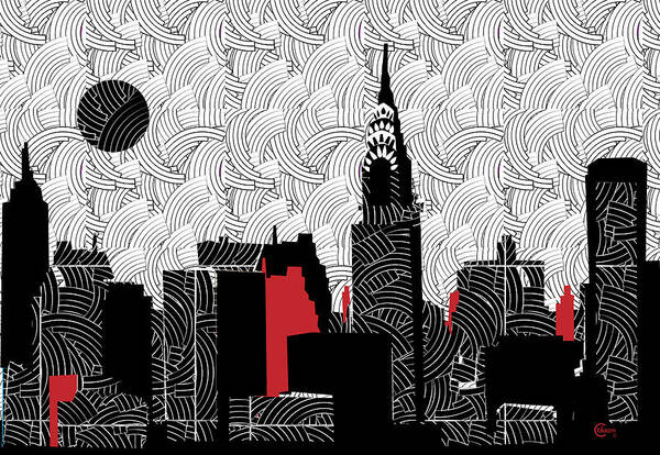 New York Poster featuring the mixed media New York City Skyline Swing by Cecely Bloom