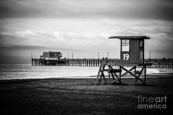America Poster featuring the photograph Newport Pier and Lifeguard Tower in Black and White by Paul Velgos