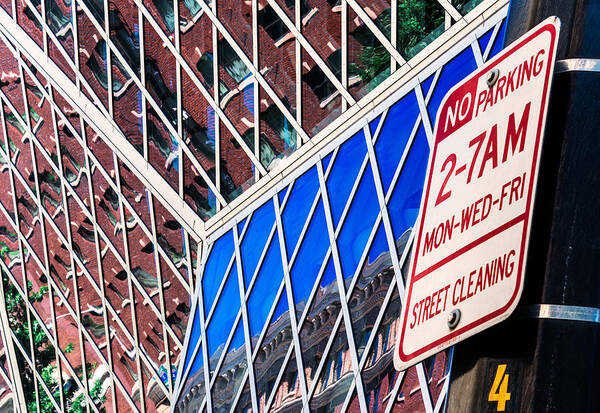 355 No Parking Color Wide Horizontal Abstract Contemplative Commercial Urban Street Sign Architecture Grid Graphic Graphical Geometric Geometrical Shape Line Black White Gray Blue Red Green Triangle Diamond Grid Pole Reflection Bold Street City Building Pacific Nw Northwest North West Wa Washington State Us Usa United States Of America Day Daytime Outside Outdoor Spring Summer Fall Autumn Dimension Dimensionality Depth Pattern Steve Steven Maxx Photography Photo Photographs Poster featuring the photograph No Parking by Steven Maxx