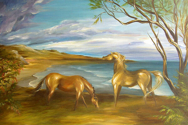 Horse Beach Ocean Seascape Equine Horses Landscape Poster featuring the painting Ocean View Dining by Dina Dargo