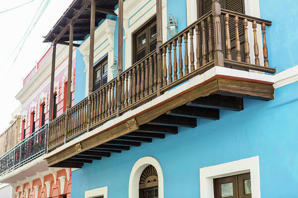 Colorful Poster featuring the photograph Old San Juan Houses in historic Street in Puerto Rico by Jasmin Burton