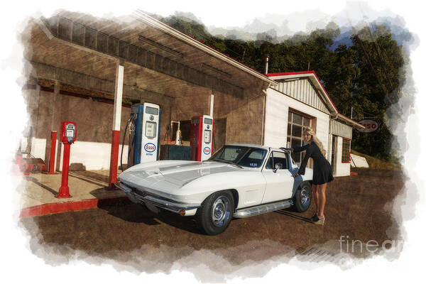 Corvette Poster featuring the photograph Old time service station with 1967 corvette model Ally Darst by Dan Friend