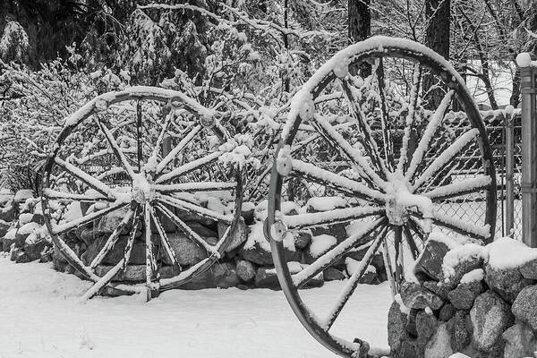 Wheel Poster featuring the photograph OO Wagon Wheels Black and White by Scott Campbell