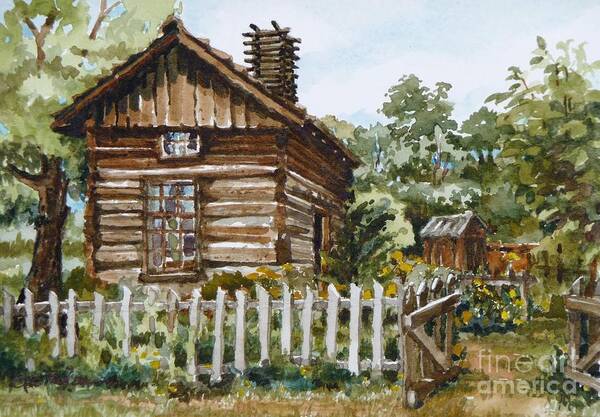 Watercolor Log Cabin Rustic Littleton Historical Museum Colorado Fence Gate Path Open Summer Poster featuring the painting Open Gate - Littleton Historical Museum by Cheryl Emerson Adams