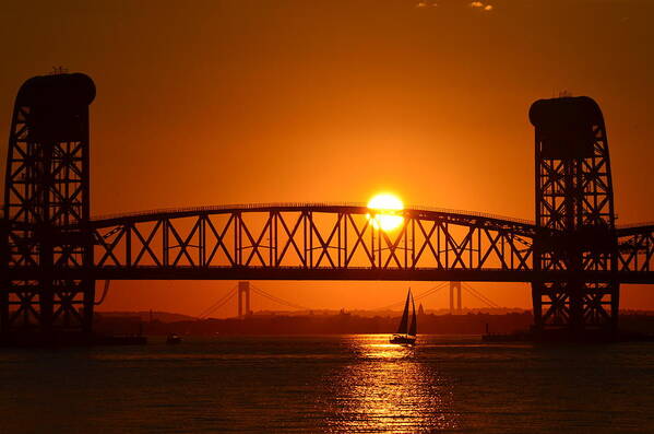 Orange Poster featuring the photograph Orange Sunset Brooklyn Bridges Sailboat by Maureen E Ritter