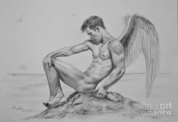 Original Art Poster featuring the painting Original Drawing Sketch Charcoal Art Angel Of Male Nude Men Gay Interest On Paper #11-16-09 by Hongtao Huang