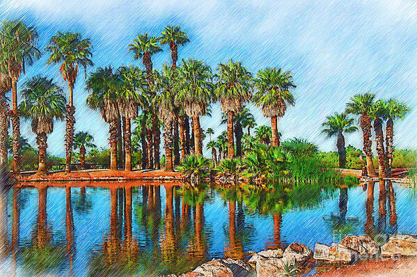 Papago Park Poster featuring the digital art Palm Reflections Sketched by Kirt Tisdale