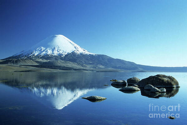 Chile Poster featuring the photograph Parinacota volcano reflections Chile by James Brunker