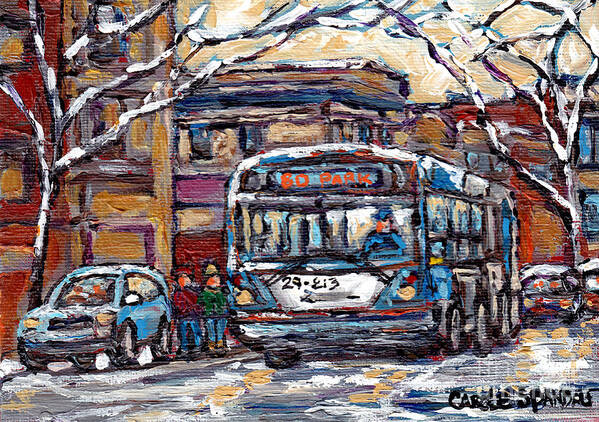 Montreal Bus Poster featuring the painting Park Avenue Winterscene Paintings For Sale All Aboard The 80 Bus Montreal Art For Sale C Spandau   by Carole Spandau