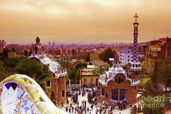Antonio Gaudi Poster featuring the photograph Park Guell at Sunset in Barcelona by Anastasy Yarmolovich