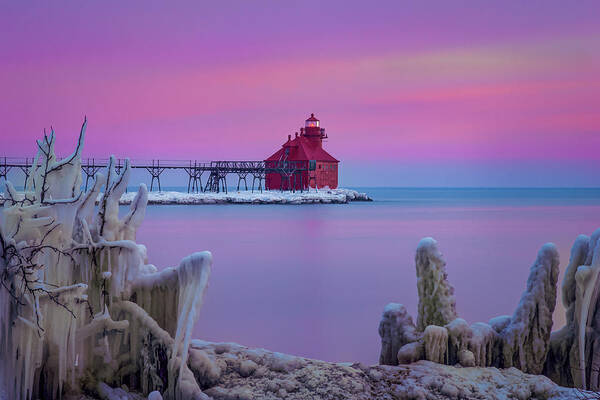 #wisconsin #outdoor #fineart #landscape #photograph #wisconsinbeauty #doorcounty #doorcountybeauty #sony #canonfdglass #beautyofnature #history #metalman #passionformonotone #homeandofficedecor #streamingmedia #sunset #lighthouse #lakemichigan #catwalk #ice #icecovered #gossermr #reflection #pink #purple #red #blue Poster featuring the photograph Pastel Lighthouse by David Heilman