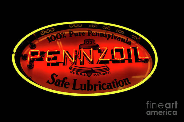 Vintage Neon Sign Poster featuring the photograph Pennzoil Neon Sign by M G Whittingham