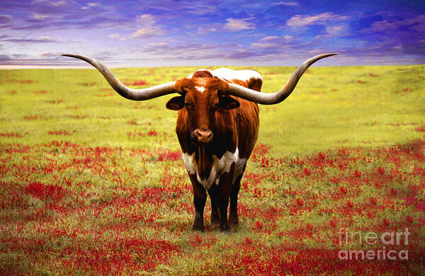 Botanical Poster featuring the painting Photo Texas Longhorn A4010816 by Mas Art Studio