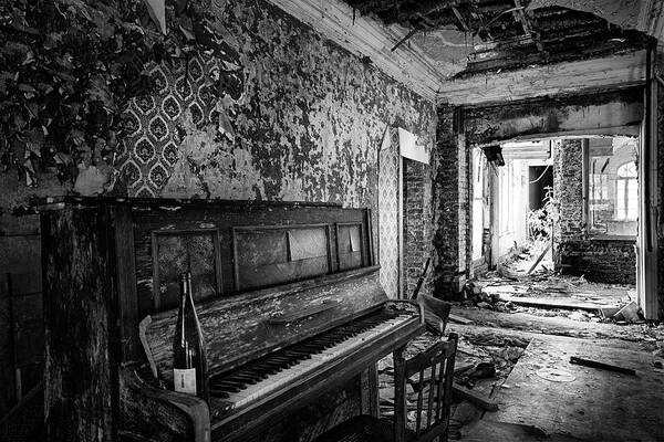 Piano Poster featuring the photograph Piano music and wine - abandoned building BW by Dirk Ercken