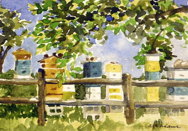 Hudson Gardens Plein Air Summer Stream Creek Trees Shoreline Shore Woods Littleton Colorado Arapahoe County Bee Bees Honey Hive Hives Fence Apiary Beekeeping Poster featuring the painting Plein Air Summer - Hudson Gardens by Cheryl Emerson Adams