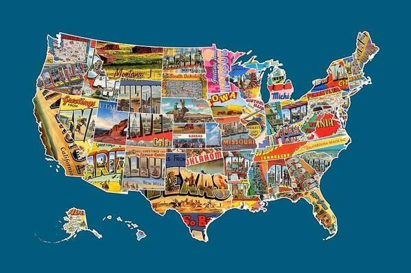 Postcards Poster featuring the mixed media Postcards Of The United States Vintage USA All 50 States Map by Design Turnpike