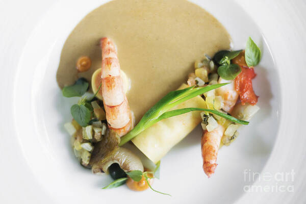 Cuisine Poster featuring the photograph Prawns With Grilled Vegetables Prawn Mousse Roll And Mushroom Sauce by JM Travel Photography