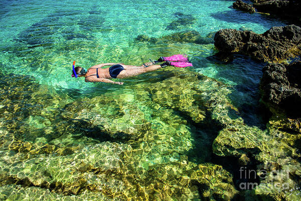 Woman Poster featuring the photograph Pretty Woman in Bikini Snorkeling through Turquoise Water at the Coast by Andreas Berthold