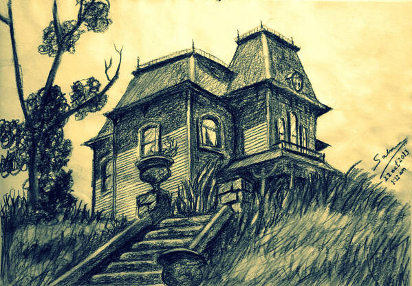 Wallpaper Buy Art Print Phone Case T-shirt Beautiful Duvet Case Pillow Tote Bags Shower Curtain Greeting Cards Mobile Phone Apple Android Phycho House Bates Motel Sketch 1960 Psychological Thriller Psycho 2 3 Charcoal Sketch Afternoon Haunted Mansion House California Desert Hollywood Movies Creepy Alfred Hitchcock Movie Set Anthony Perkins Norman Bates House Nostalgic Salman Ravish Halloween Poster featuring the drawing Psycho by Salman Ravish