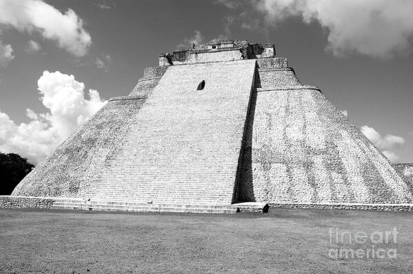 Travelpixpro Uxmal Poster featuring the photograph Pyramid of the Magician at Uxmal Mexico Black and White by Shawn O'Brien