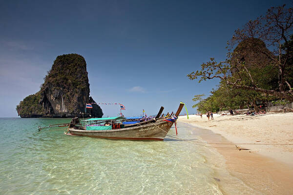 Railay Beach Poster featuring the photograph Railay Beach, Phra Nang Beach, Long-tail Boat and Cliff by Aivar Mikko