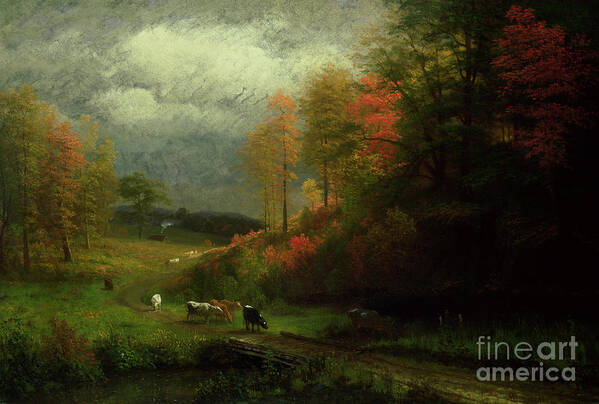 New England; East Coast; America; American Landscape; Trees; Leaves; Rural; Countryside; Forest; Rain; Cattle; Cottage; Picturesque; Hudson River School; Autumn; Autumnal; Fall Poster featuring the painting Rainy Day in Autumn, Massachusetts, 1857 by Albert Bierstadt