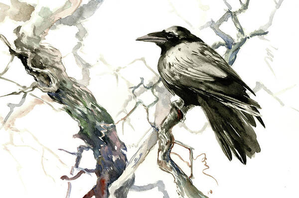 Raven Poster featuring the painting Raven on the Tree by Suren Nersisyan