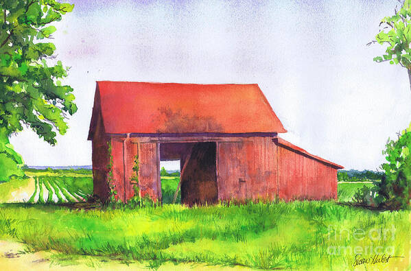 Red Poster featuring the painting Red Barn Cutchogue NY by Susan Herbst