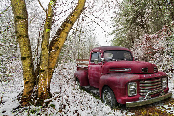 Truck Poster featuring the photograph Red Ford Truck in the Snow by Debra and Dave Vanderlaan