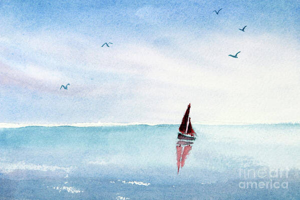 Sail Boat Poster featuring the painting Red Sails on a Blue Sea by Pattie Calfy