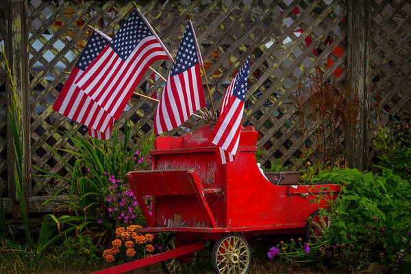 Red Poster featuring the photograph Red Wagon With Flags by Garry Gay