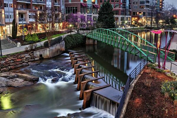 Downtown Greenville Poster featuring the photograph Reedy River Greenville South Carolina Before Sunrise by Carol Montoya