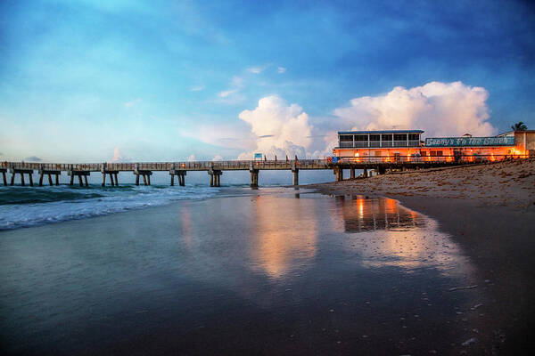 Clouds Poster featuring the photograph Reflections at Dawn at the Pier by Debra and Dave Vanderlaan