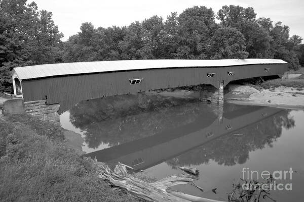 West Union Poster featuring the photograph Reflections Of The West Union Covered Bridge Black And White by Adam Jewell