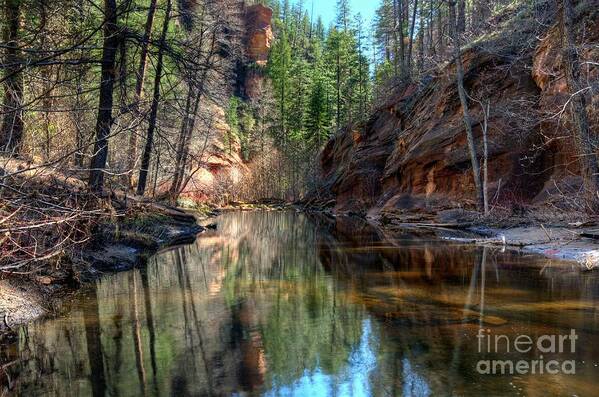 Water Reflections Nature Rocks Trees Cliffs Mountains Outdoors Color Green Red Blue Landscape Sedona Northern Arizona Westfork Sky Clear Day Poster featuring the photograph Reflections of Westfork by Thomas Todd