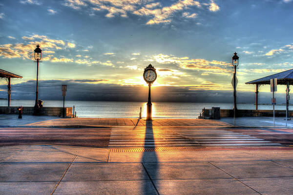 Revere Poster featuring the photograph Revere Beach Clock at Sunrise Long Shadow Revere MA by Toby McGuire