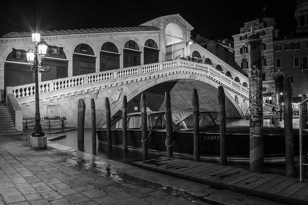 B&w Poster featuring the photograph Rialto Bridge at Night with Boat by John McGraw
