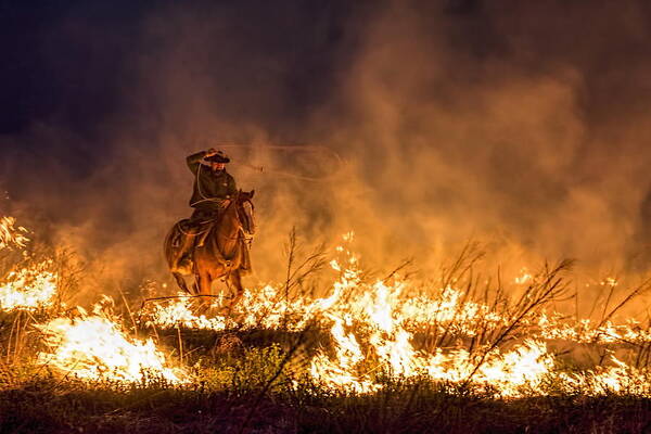 Flint Hills Burn Poster featuring the photograph Riding Through The Flames by Alan Hutchins