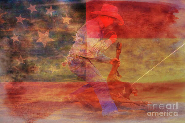 Rodeo Calf Roper Over Flag Poster featuring the digital art Rodeo Calf Roper over Flag by Randy Steele